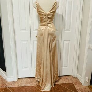 Jessica McClintock Champagne Satin Ruched Maxi Dress